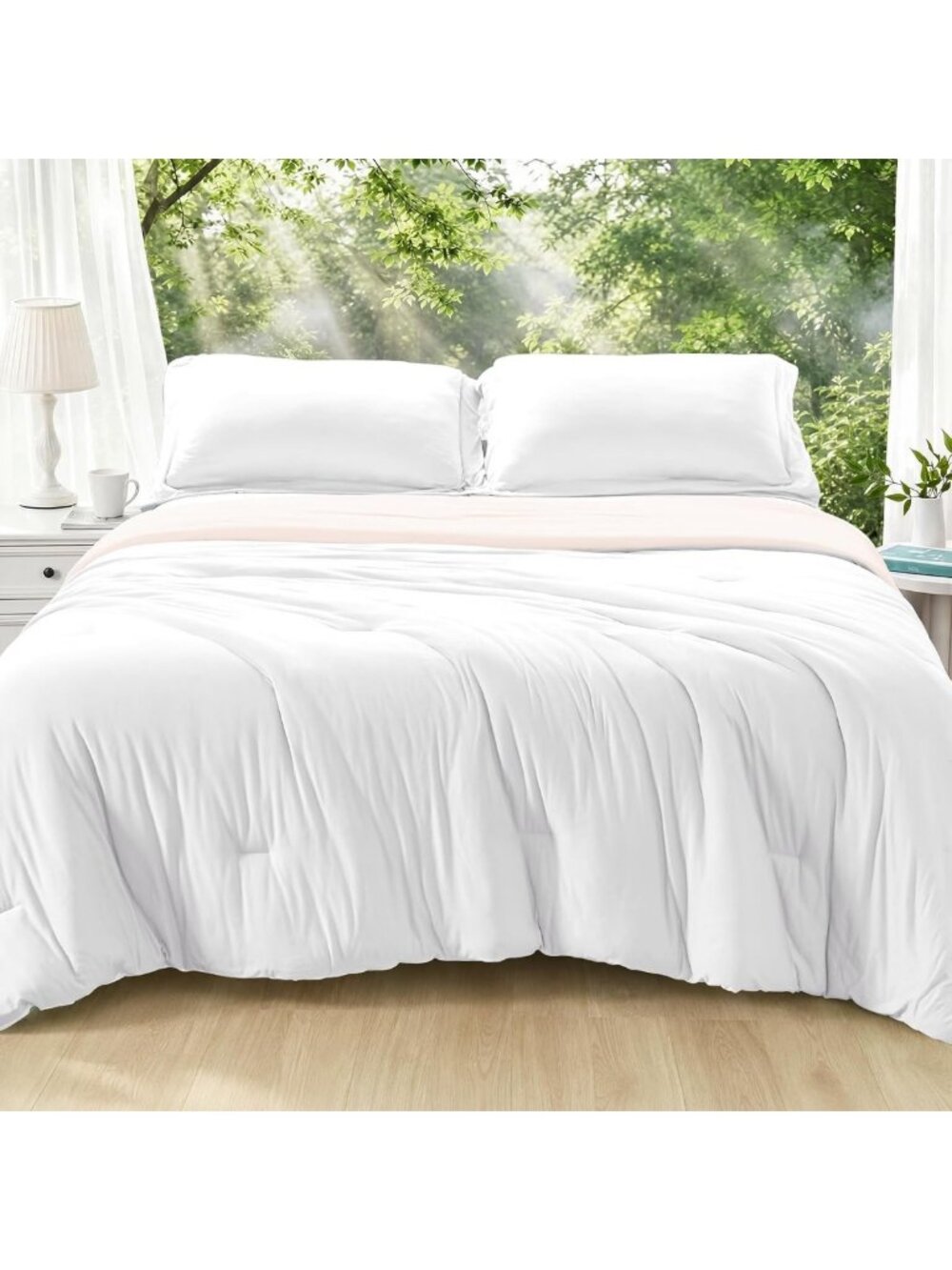 Reversible Cooling Comforter Set, Queen Size 3-Piece Bedding, Soft White